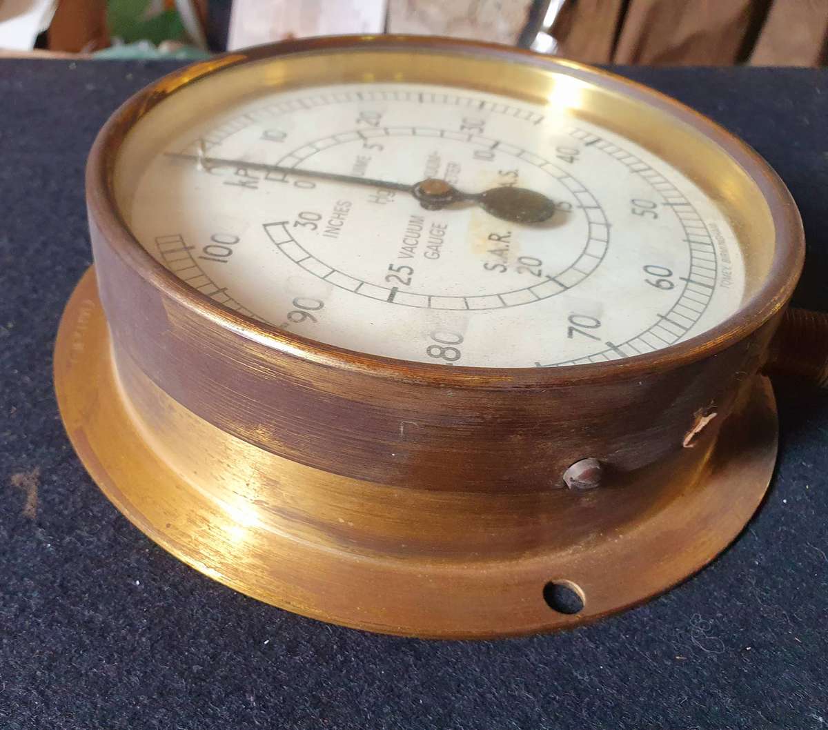 VINTAGE SAR/SAS HUGE BRASS LOCOMOTIVE VACUUM/ PRESURE GAUGE. TOMEY BIRMINGHAM.