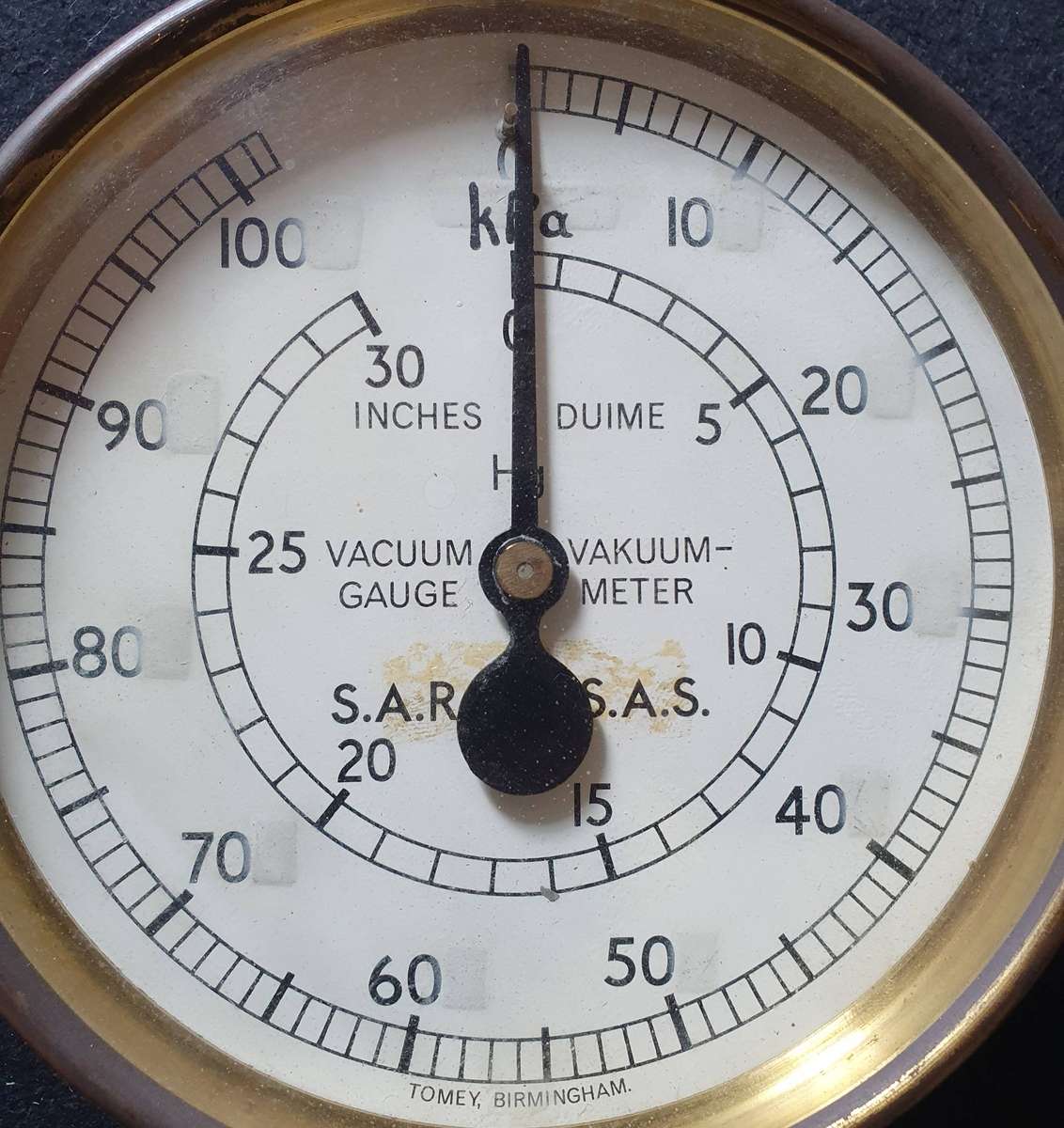 VINTAGE SAR/SAS HUGE BRASS LOCOMOTIVE VACUUM/ PRESURE GAUGE. TOMEY BIRMINGHAM.