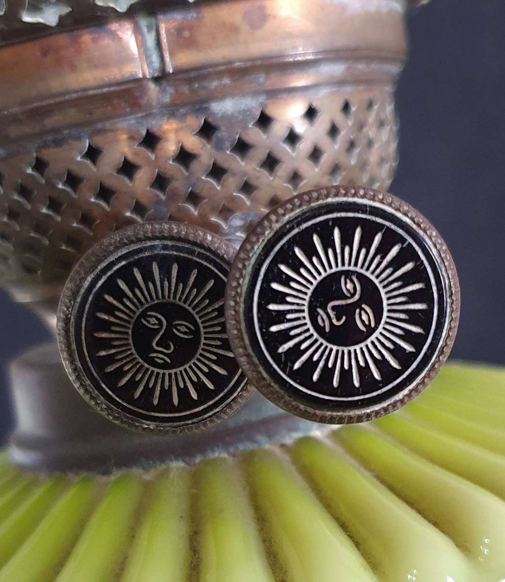 VICTORIAN GREEN VASELINE GLASS OIL LANTERN. C1870s. 700mm HIGH.