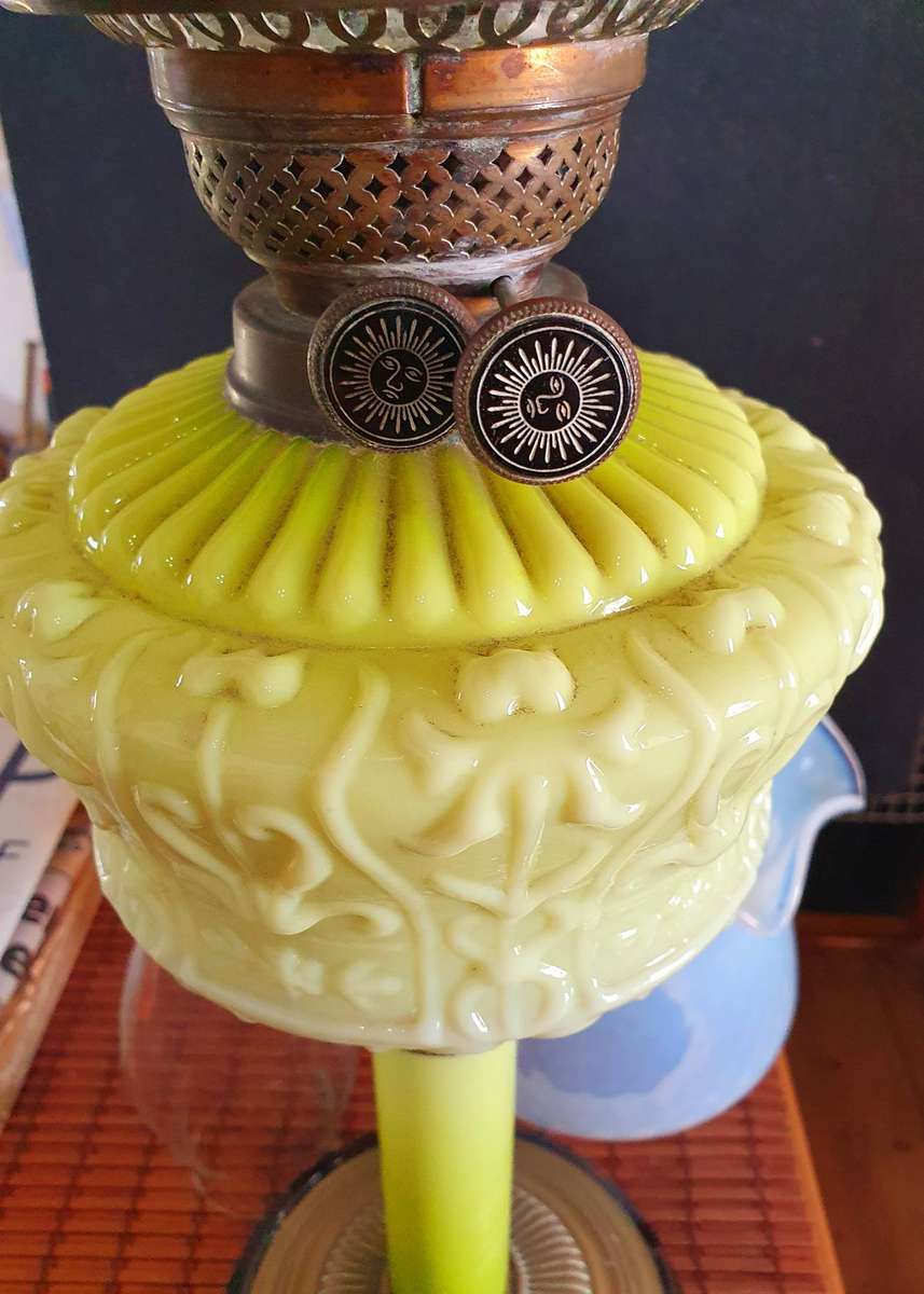 VICTORIAN GREEN VASELINE GLASS OIL LANTERN. C1870s. 700mm HIGH.