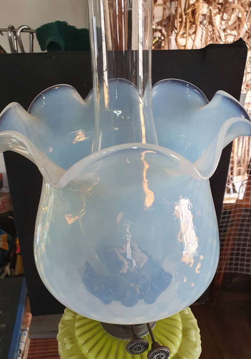 VICTORIAN GREEN VASELINE GLASS OIL LANTERN. C1870s. 700mm HIGH.