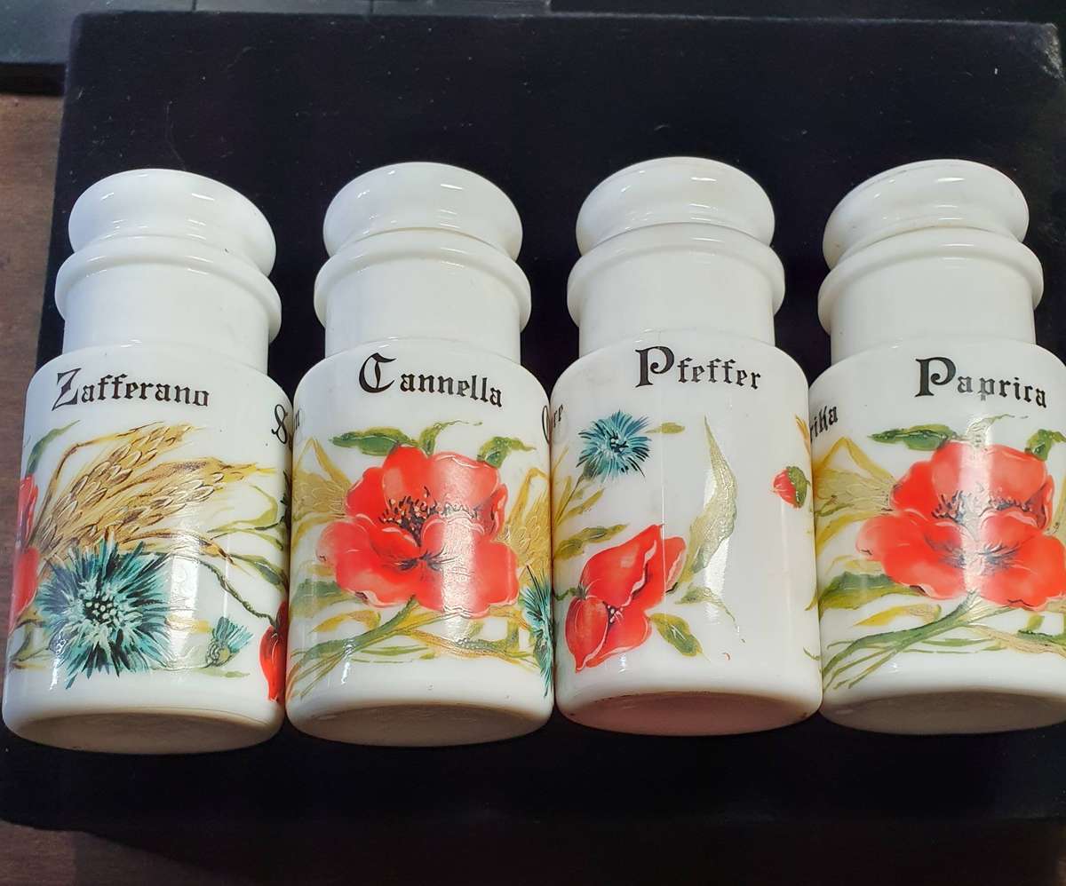 4 X VINTAGE OPALEX MILK GLASS ITALY SPICE HOLDERS.