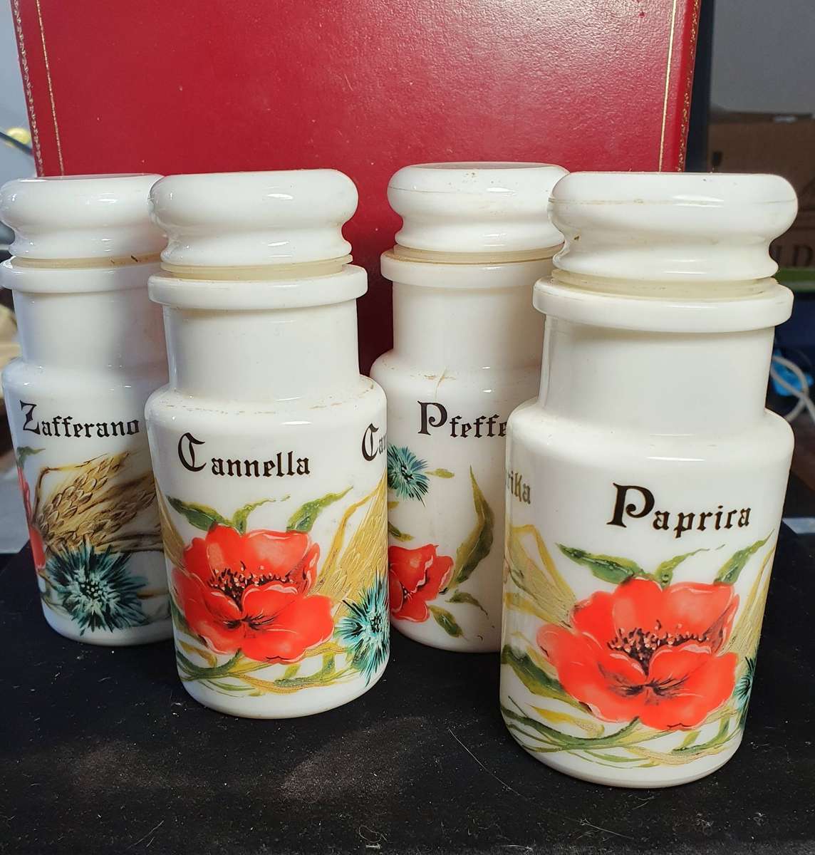 4 X VINTAGE OPALEX MILK GLASS ITALY SPICE HOLDERS.