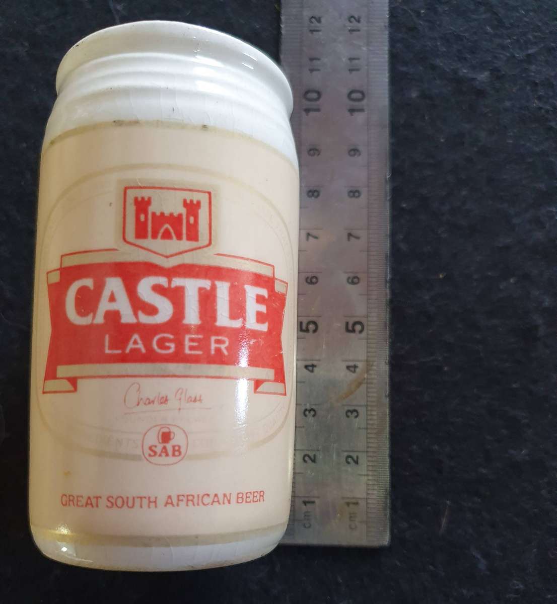 VINTAGE CASTLE LAGER BIG PORCELAIN SALT AND PEPPER SHAKERS.