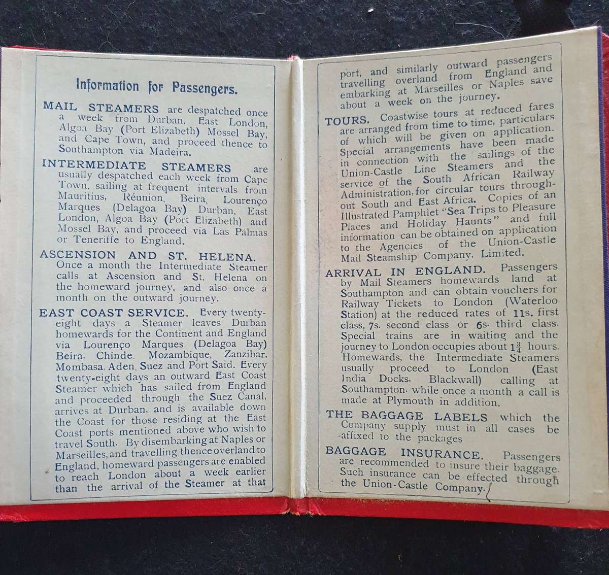 1900 UNION CASTLE LINE " CAPE MAIL EXPRESS" PASSENGER INFORMATION BOOK AND TICKET AND CARD HOLDER.