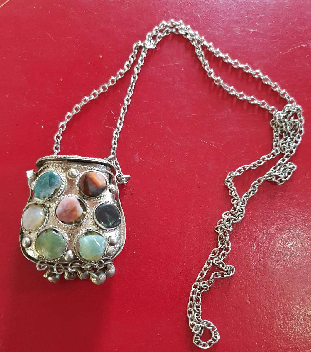 VINTAGE TRIBAL AFGHAN KUCHI METAL AGATE STONE PRAYER COIN BOX NECKLACE.