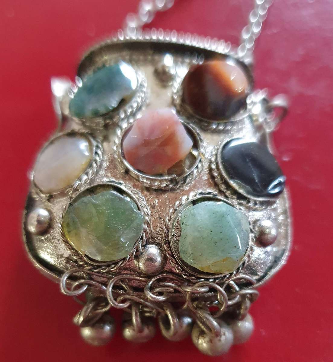 VINTAGE TRIBAL AFGHAN KUCHI METAL AGATE STONE PRAYER COIN BOX NECKLACE.