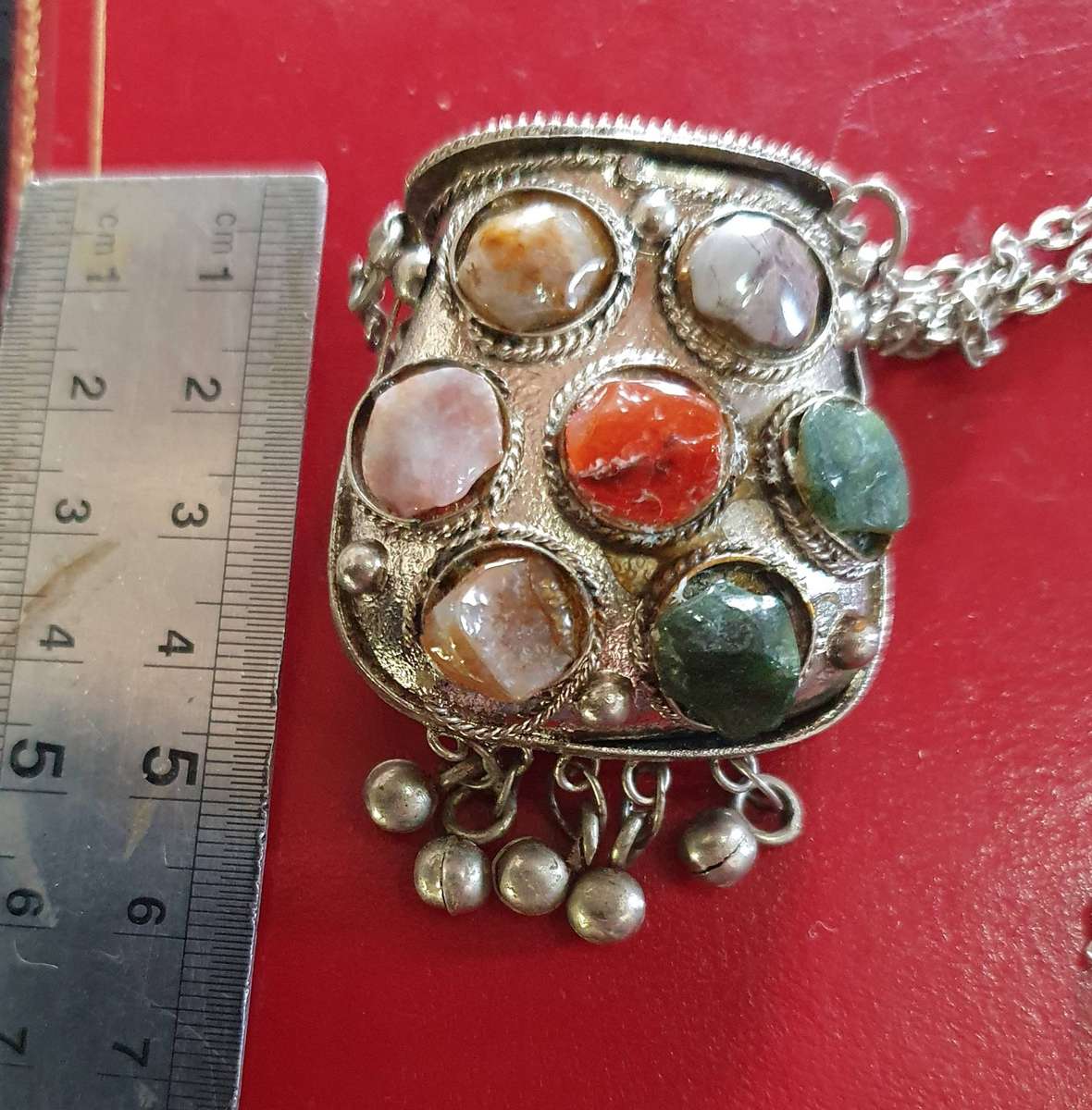 VINTAGE TRIBAL AFGHAN KUCHI METAL AGATE STONE PRAYER COIN BOX NECKLACE.