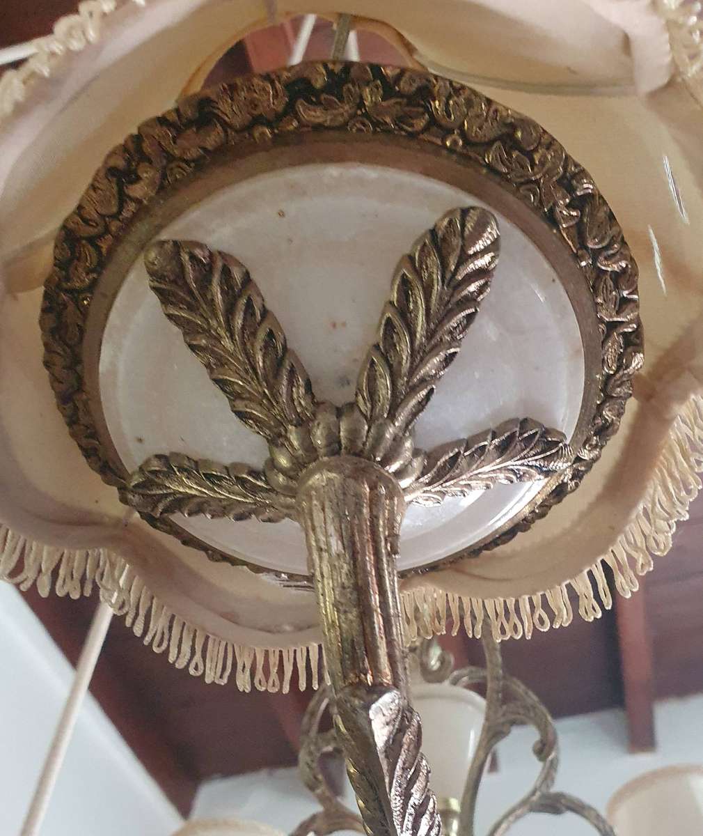 HUGE ANTIQUE MARBLE AND BRASS CAST IRON 5 LIGHT CHANDELIER. 650mm DIAMETER.