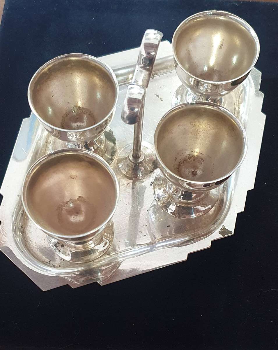 ANTIQUE EGG SERVER WITH CARRY TRAY. HEAVY - SILVER PLATED.