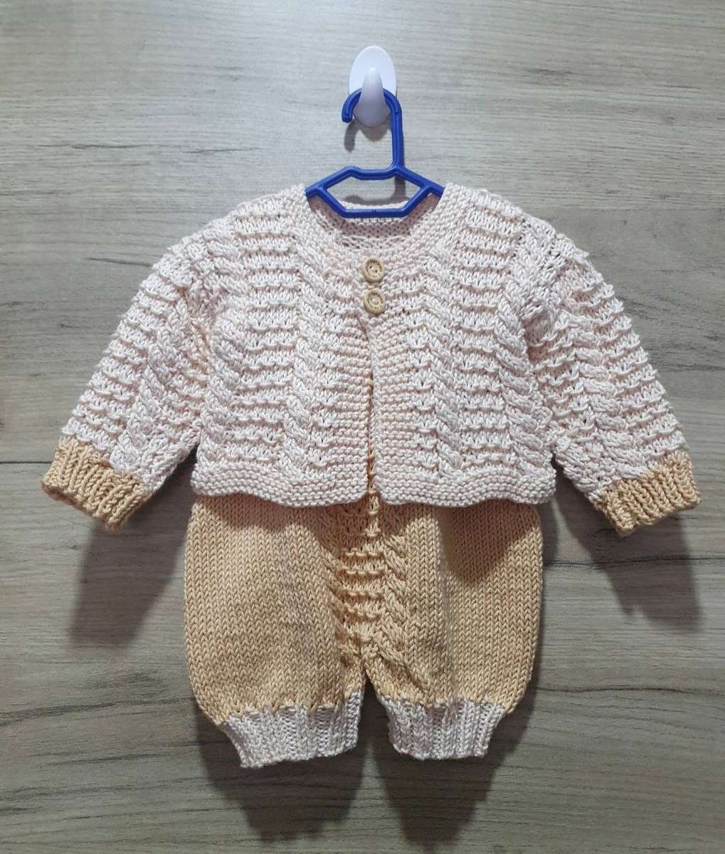 KNITTED BABY JACKET AND DUNGEREENS AND BOOTIES SET - 0 TO 3 MONTHS+