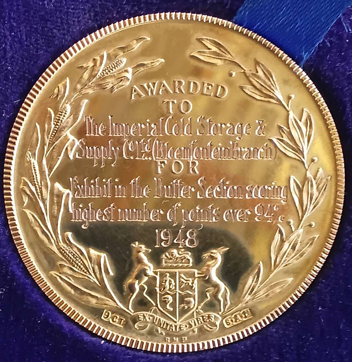 9 Carat GOLD MEDAL WITWATERSRAND AGRICULTURAL SOCIETY 1948,  28 Grams