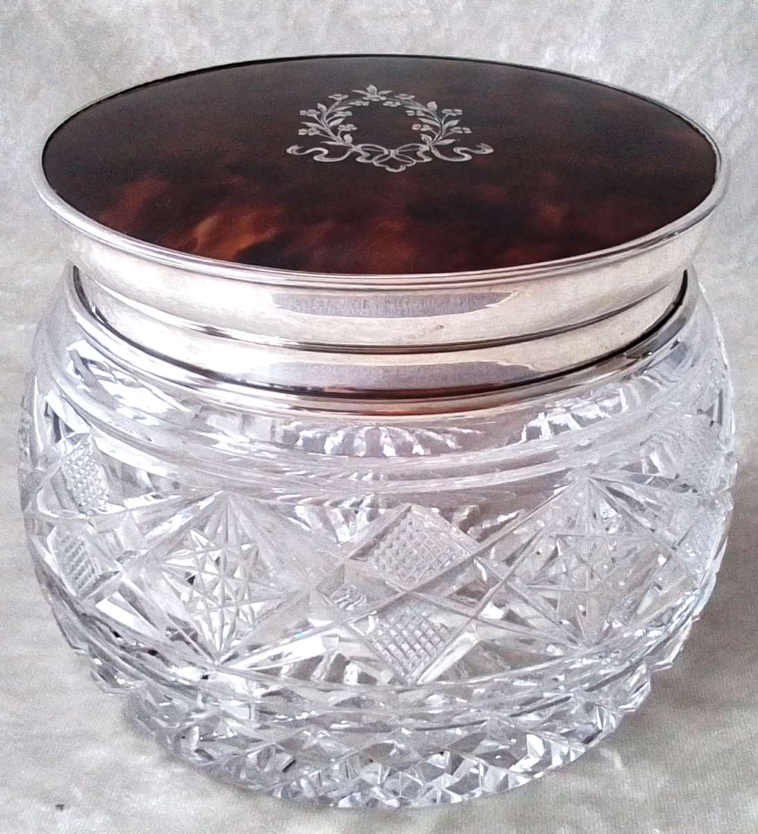 Birmingham  1919  -  Silver  &  Tortoise  Shell Top Crystal  Jar