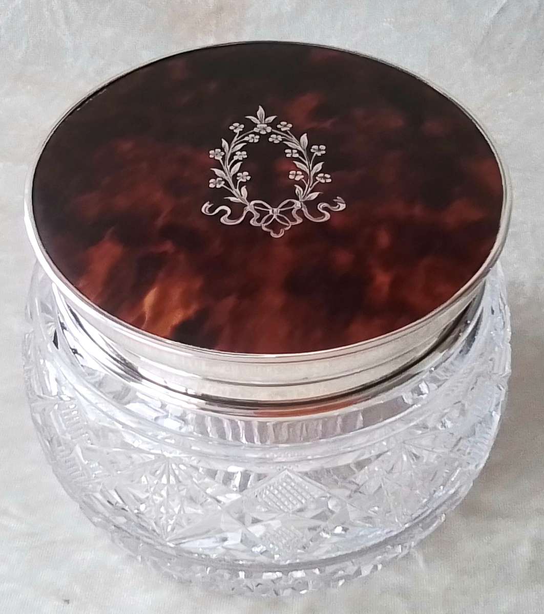 Birmingham  1919  -  Silver  &  Tortoise  Shell Top Crystal  Jar