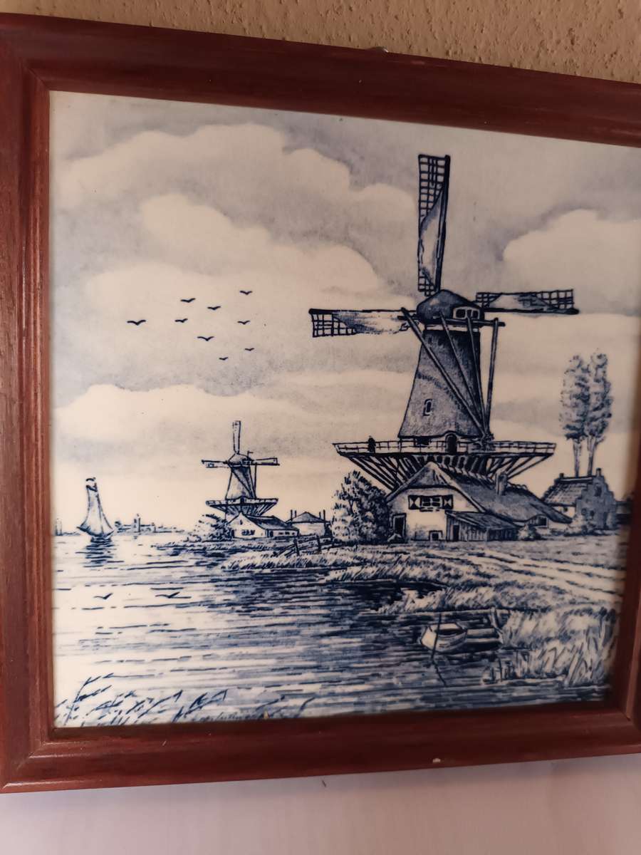 Vintage Delft Blue Tile in Wall Hanging Wood Frame