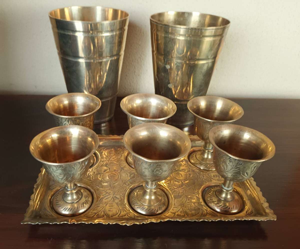 Small Brass Tray with Six Goblets plus Two Brass Cups