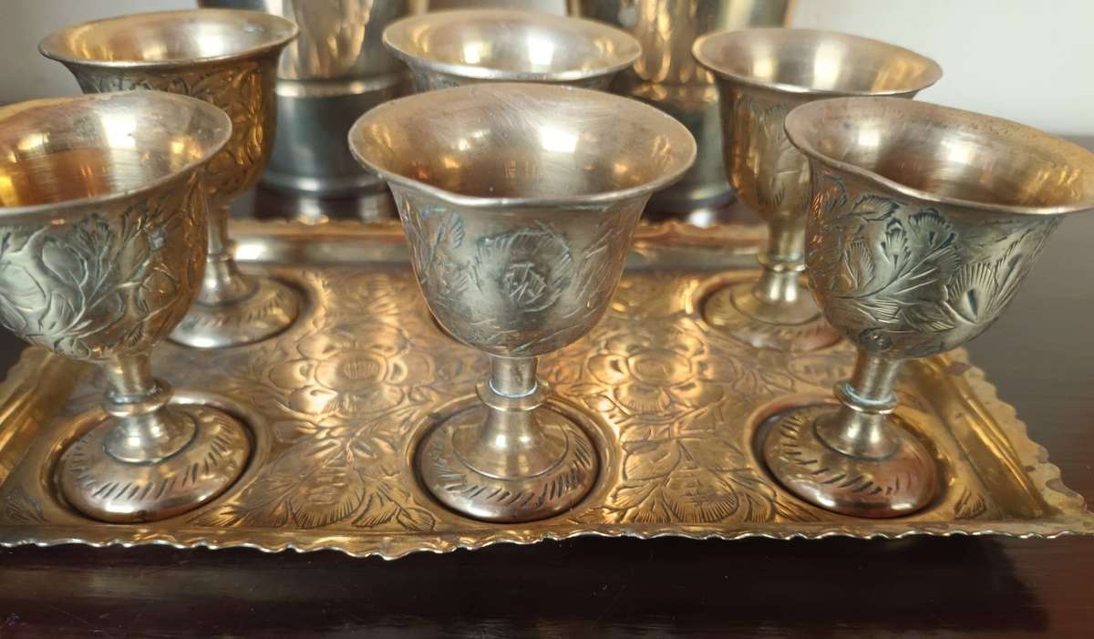 Small Brass Tray with Six Goblets plus Two Brass Cups