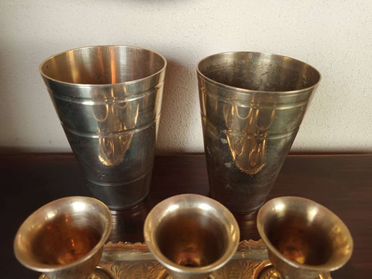 Small Brass Tray with Six Goblets plus Two Brass Cups