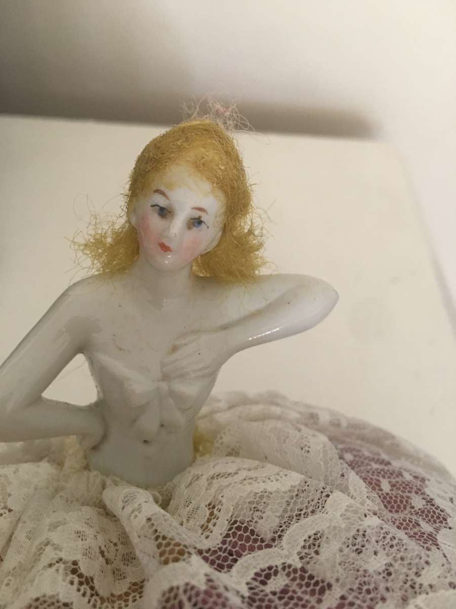 VINTAGE TO ANTIQUE DOLL PIN CUSHION  PORCELAIN