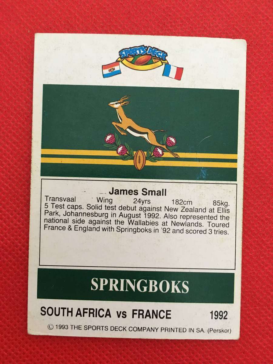 VINTAGE RUGBY TRADING CARD - 1993 SPORTS DECK - SOUTH AFRICA VS FRANCE - JAMES SMALL