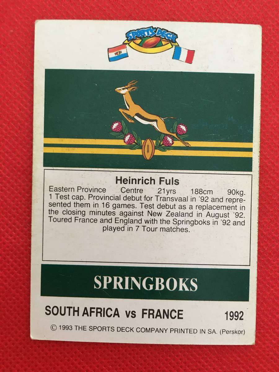 VINTAGE RUGBY TRADING CARD - 1993 SPORTS DECK - SOUTH AFRICA VS FRANCE -  HEINRICH FULS