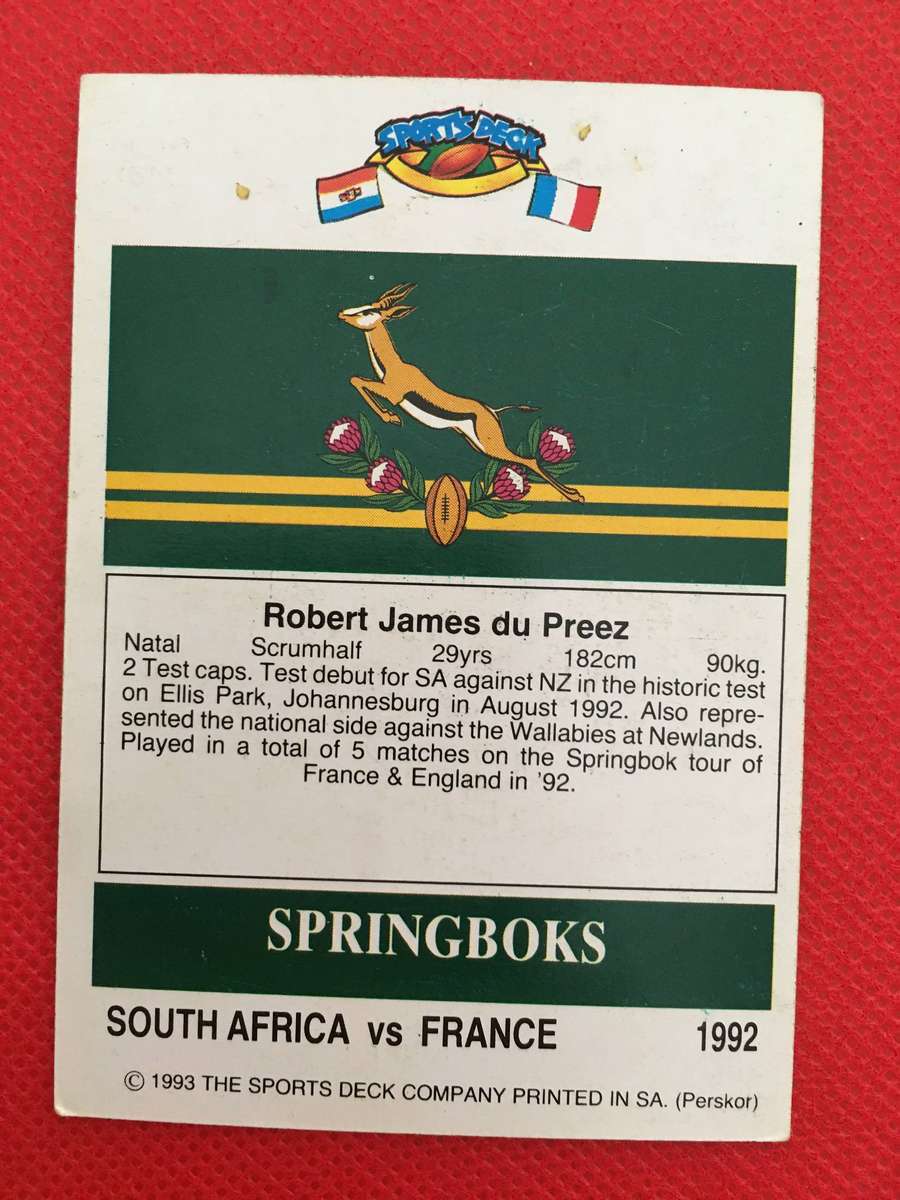 VINTAGE RUGBY TRADING CARD - 1993 SPORTS DECK - SOUTH AFRICA VS FRANCE -  ROBERT DU PREEZ