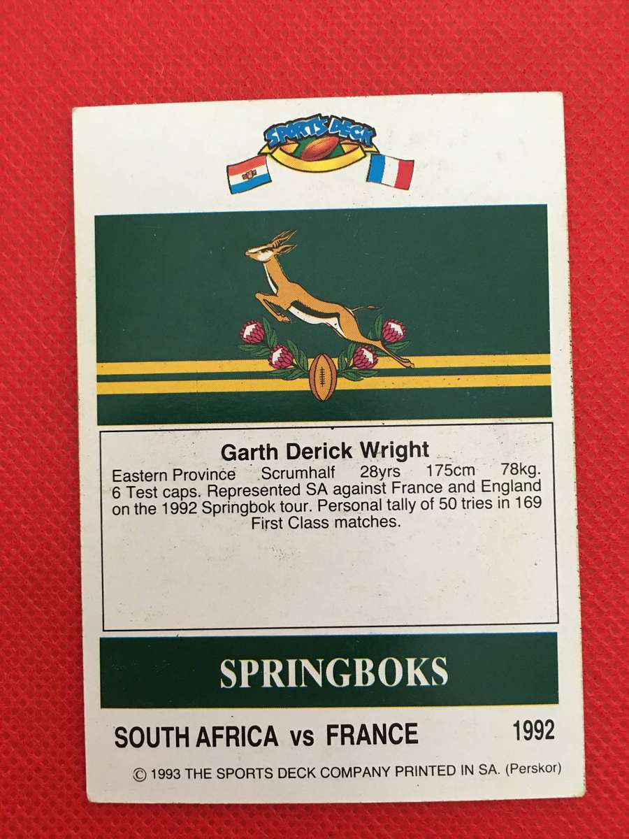 VINTAGE RUGBY TRADING CARD - 1993 SPORTS DECK - SOUTH AFRICA VS FRANCE - GARTH WRIGHT
