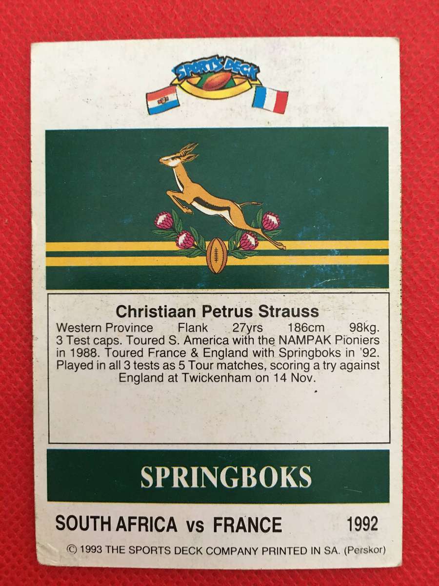 VINTAGE RUGBY TRADING CARD - 1993 SPORTS DECK - SOUTH AFRICA VS FRANCE -  TIAAN STRAUSS