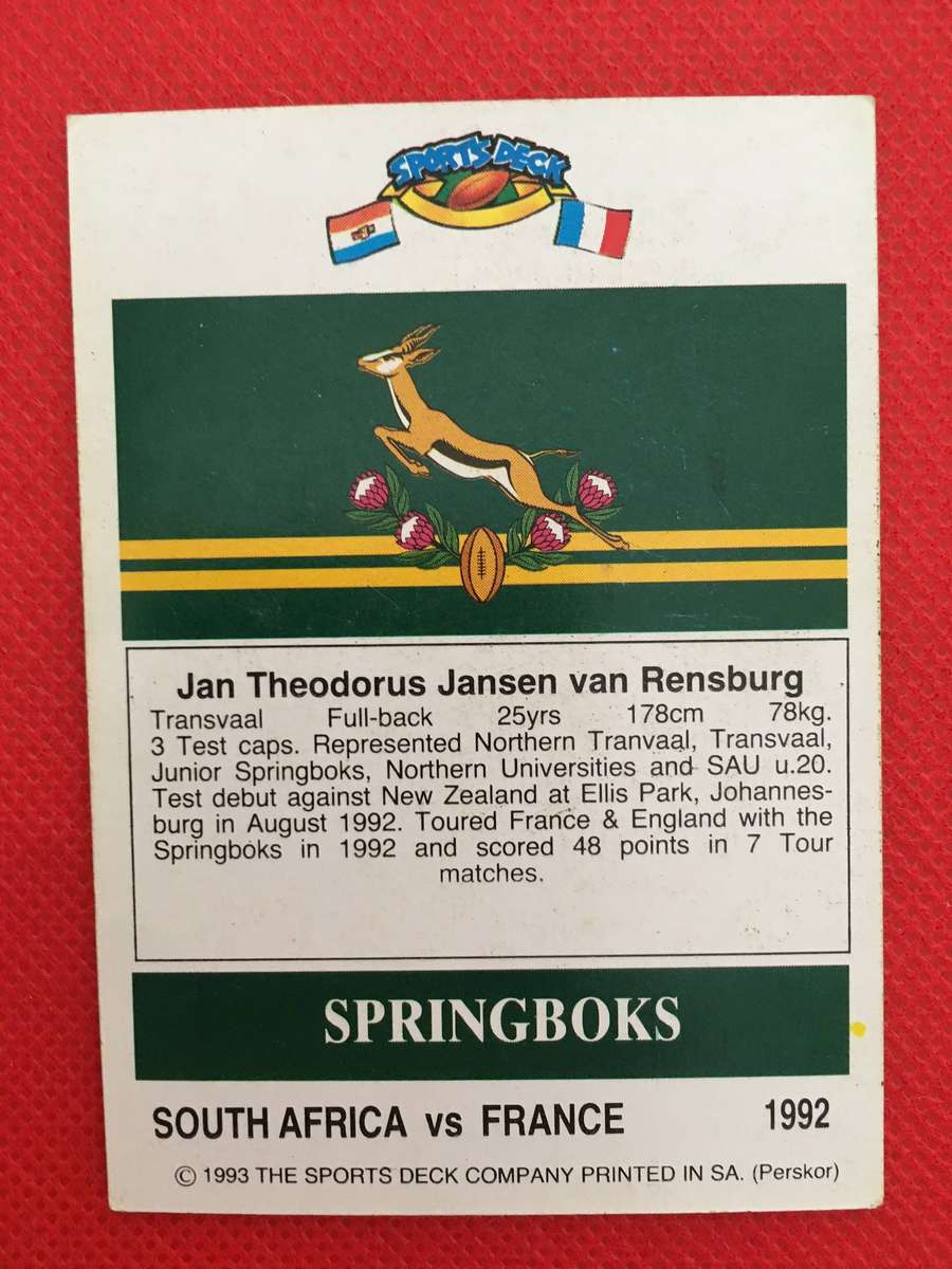 VINTAGE  RUGBY TRADING CARD  1993 SPORTS DECK - SOUTH AFRICA VERSUS FRANCE - THEO VAN RENSBURG