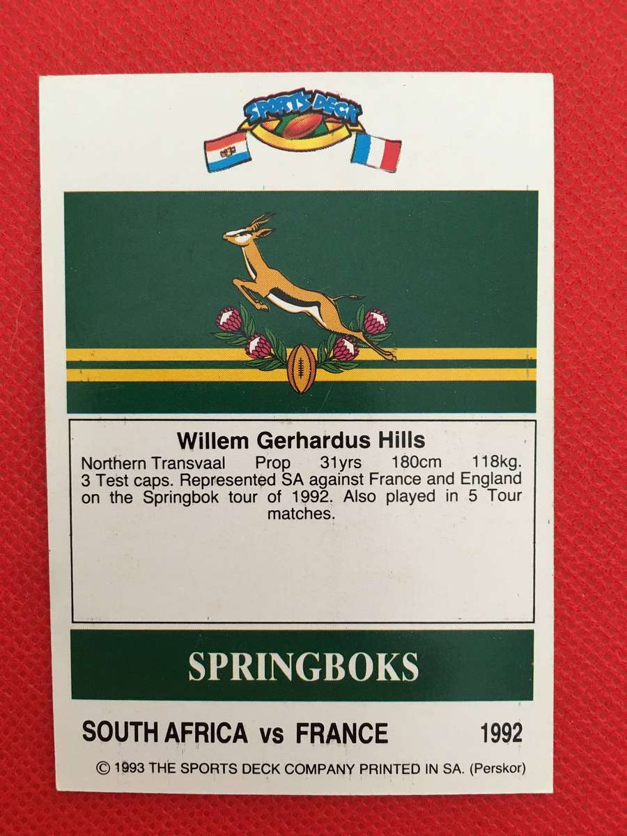 VINTAGE RUGBY TRADING CARD - 1993 SPORTS DECK - SOUTH AFRICA VS FRANCE - WILLIE HILLS