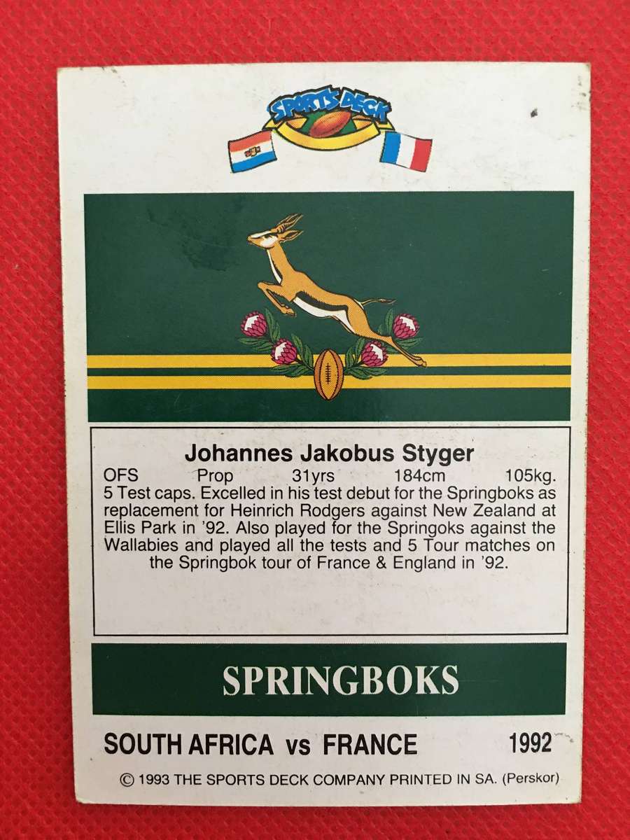 VINTAGE RUGBY TRADING CARD - 1993 SPORTS DECK - SOUTH AFRICA VS FRANCE -  JOHAN STYGER