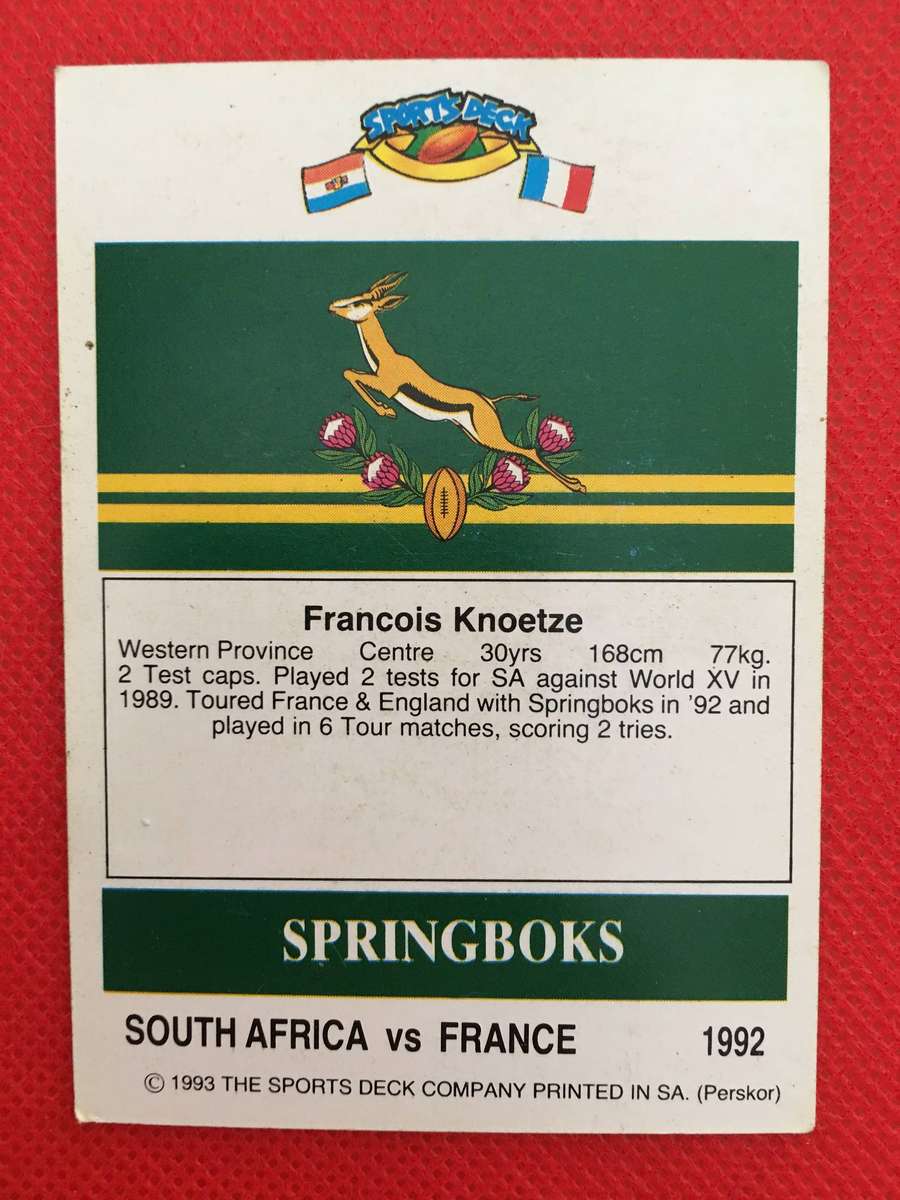 VINTAGE RUGBY TRADING CARD - 1993 SPORTS DECK - SOUTH AFRICA VS FRANCE - FAFFA KNOETZE