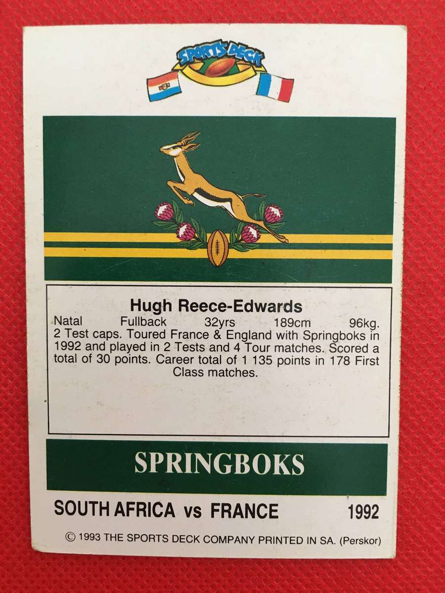 VINTAGE RUGBY TRADING CARD - 1993 SPORTS DECK - SOUTH AFRICA VS FRANCE -  HUGH REECE-EDWARDS