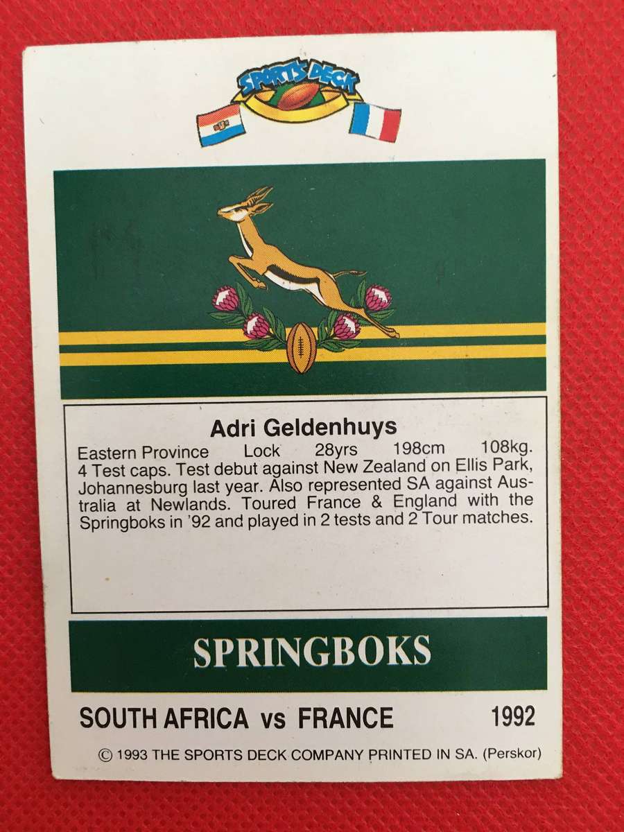 VINTAGE RUGBY TRADING CARD - 1993 SPORTS DECK - SOUTH AFRICA VS FRANCE -  ADRI GELDENHUYS