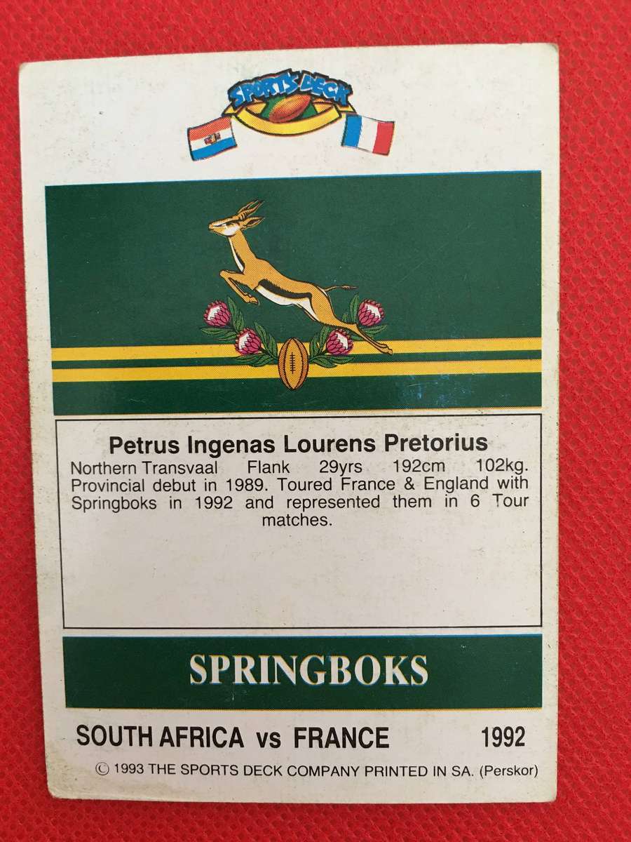 VINTAGE RUGBY TRADING CARD - 1993 SPORTS DECK - SOUTH AFRICA VS FRANCE - PIET PRETORIUS