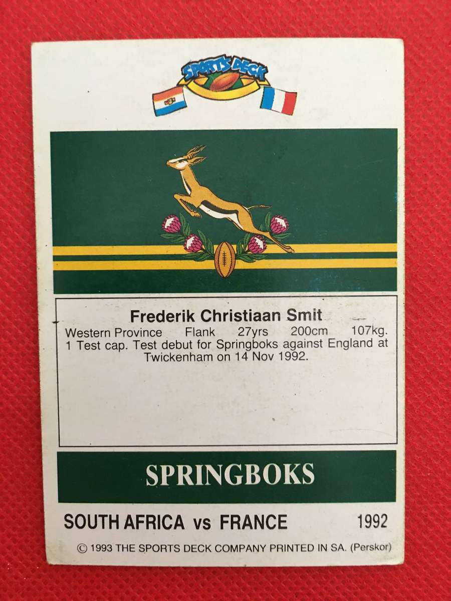 VINTAGE  RUGBY TRADING CARD  1993 SPORTS DECK - SOUTH AFRICA VERSUS FRANCE -  F C  SMIT