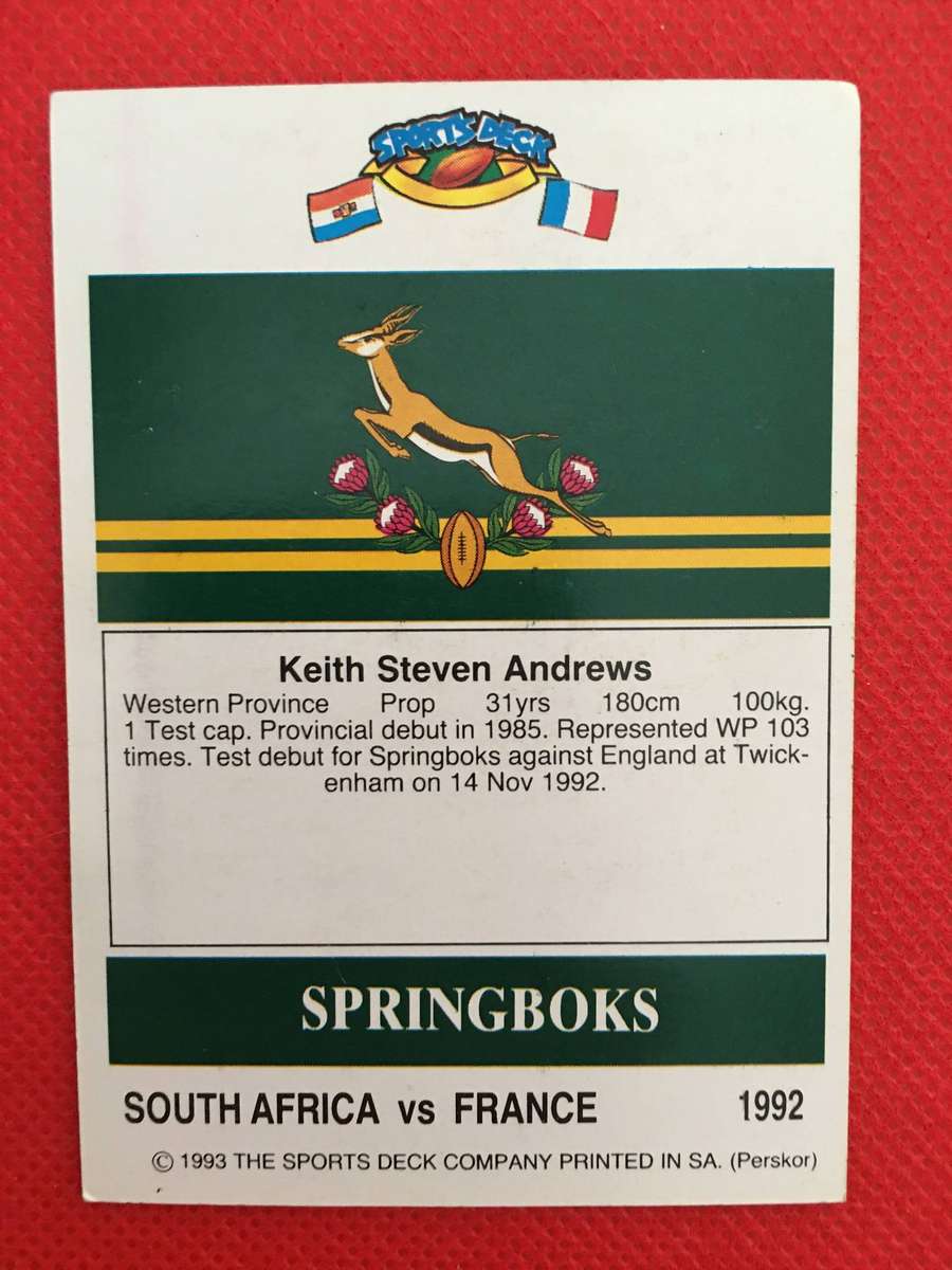 VINTAGE RUGBY TRADING CARD - 1993 SPORTS DECK - SOUTH AFRICA VS FRANCE - KEITH ANDREWS