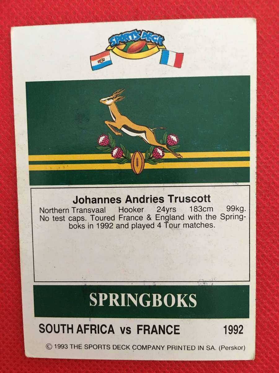 VINTAGE RUGBY TRADING CARD - 1993 SPORTS DECK - SOUTH AFRICA VS FRANCE -  ANDRIES TRUSCOTT