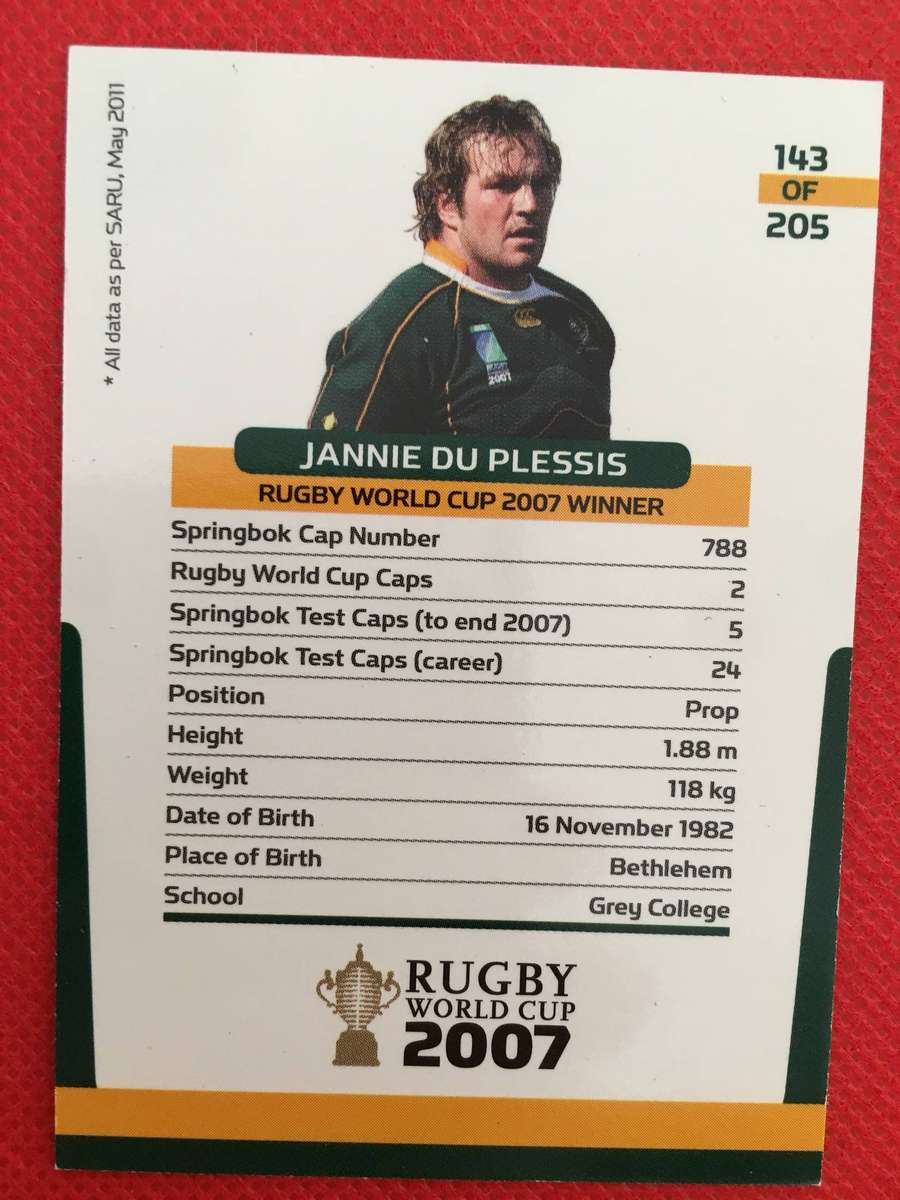 RUGBY TRADING CARD - SPRINGBOKS 2007 - JANNIE DU PLESSIS