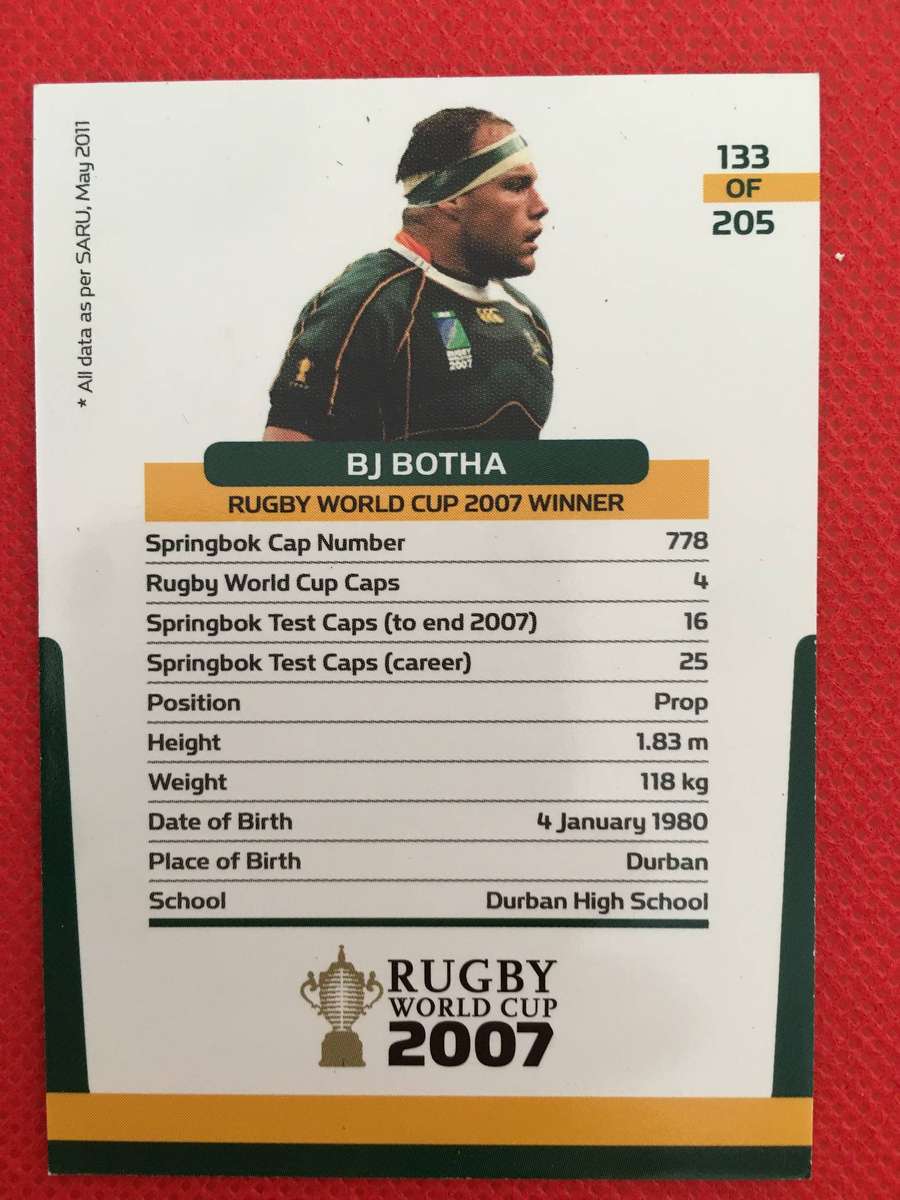RUGBY TRADING CARD  - SPRINGBOKS - BJ BOTHA 2007