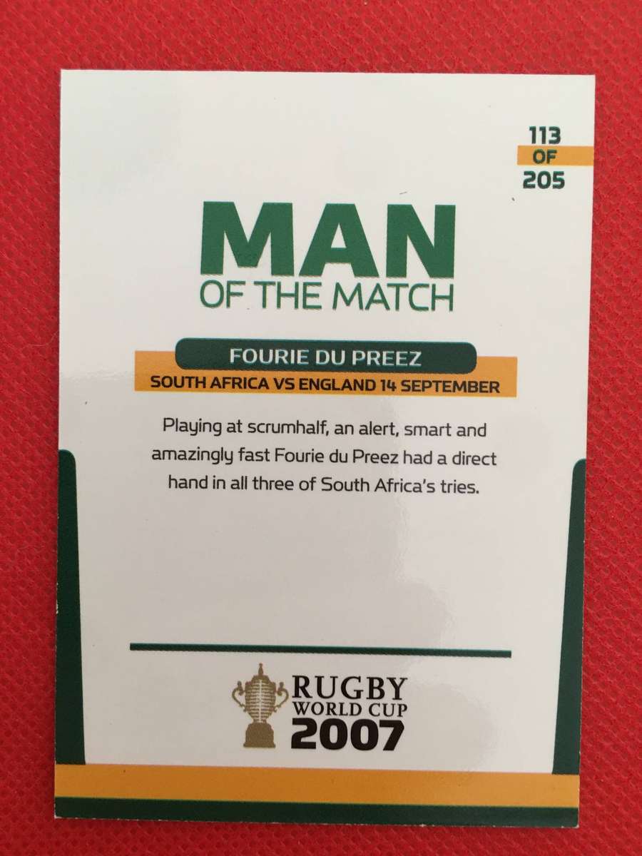 RUGBY TRADING CARD - MAN OF THE MATCH - FOURIE DU PREEZ - 2007