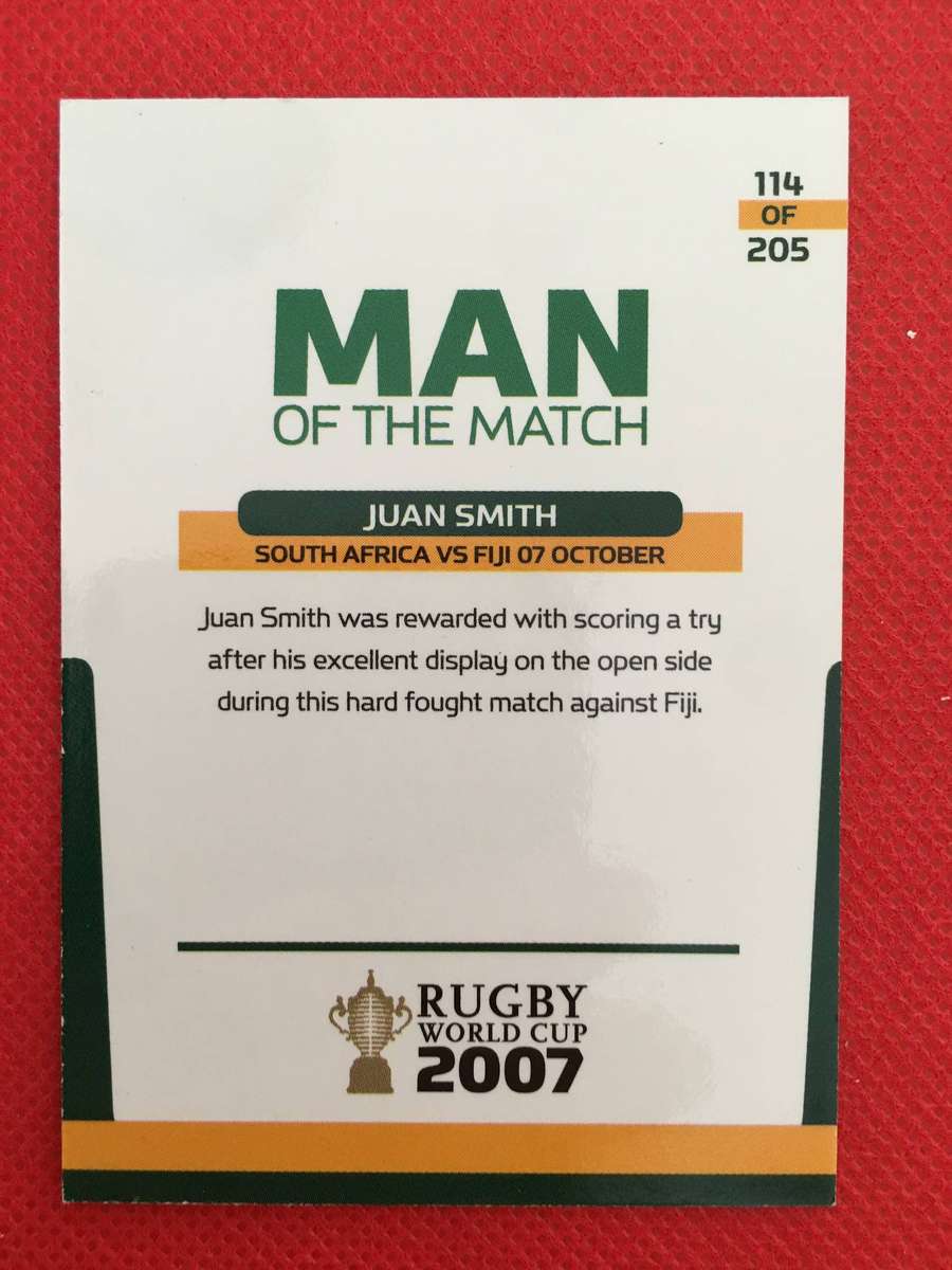 RUGBY TRADING CARD SPRINGBOKS - MAN OF THE MATCH - JUAN SMITH - 2007