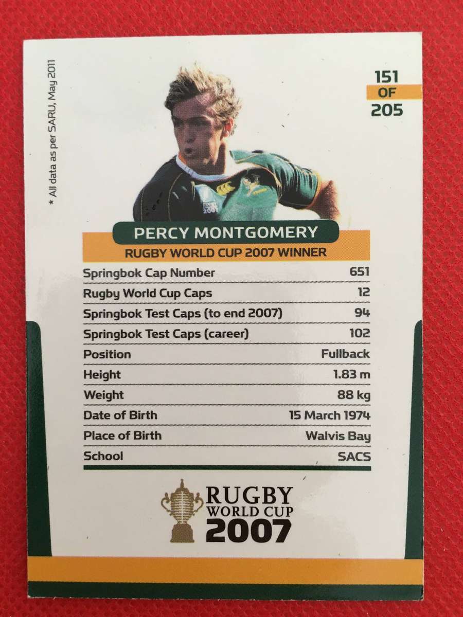 RUGBY TRADING  CARD - SPRINGBOKS - 2007 - PERCY MONTGOMERY