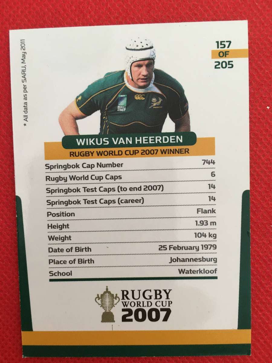 RUGBY TRADING CARD - SPRINGBOKS - 2007 - WIKUS VAN HEERDEN
