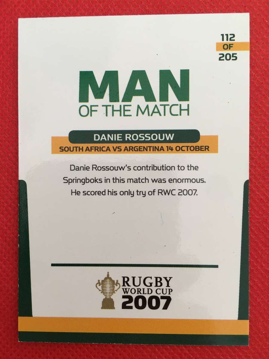 RUGBY TRADING CARD SPRINGBOKS - MAN OF THE MATCH - DANIE ROSSOUW - 2007