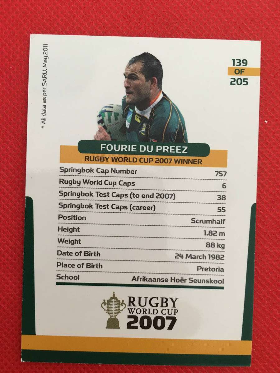 RUGBY TRADING CARD - FOURIE DU PREEZ - 2007 SPRINGBOKS