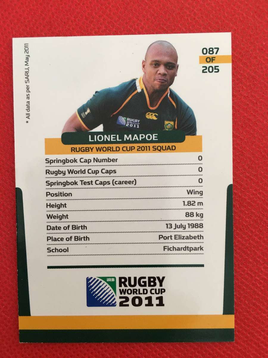 RUGBY TRADING CARD - SPRINGBOKS - LIONEL MAPOE - 2007