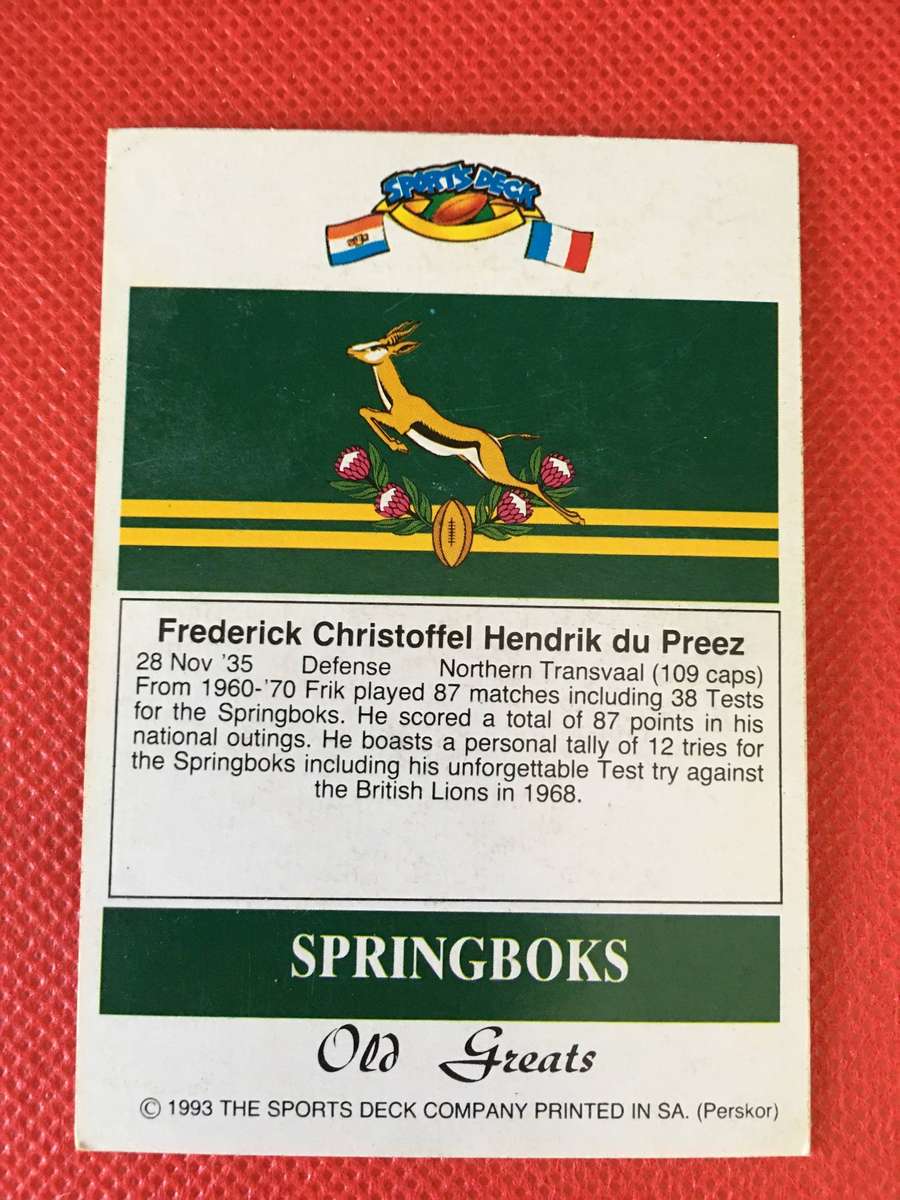 VINTAGE RUGBY CARD - SPORTS DECK SPRINGBOKS - OLD GREATS - FRIK DU PREEZ