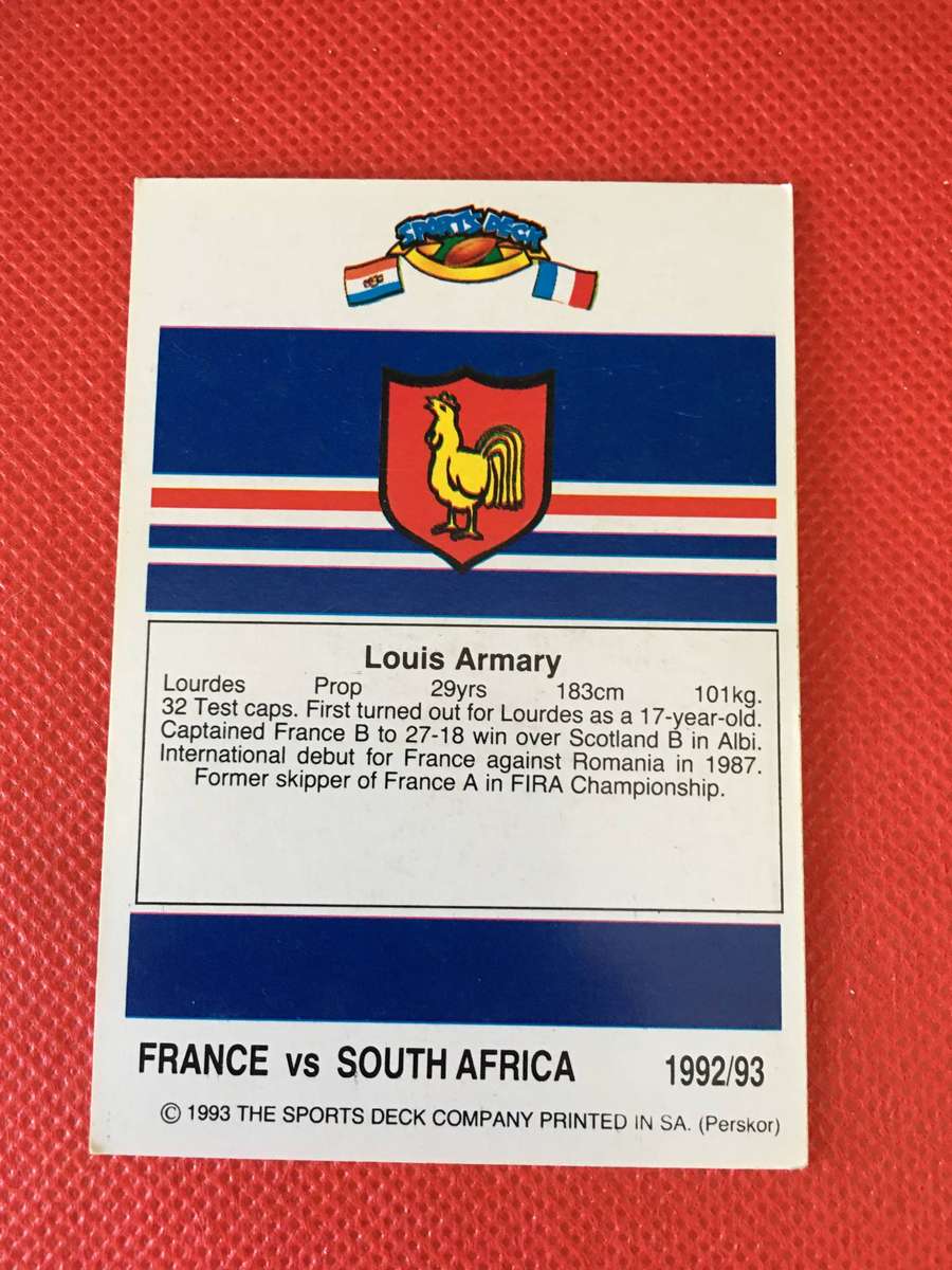 VINTAGE RUGBY TRADING CARD - FRANCE VS SOUTH AFRICA - 1992/1993 - LOUIS ARMARY
