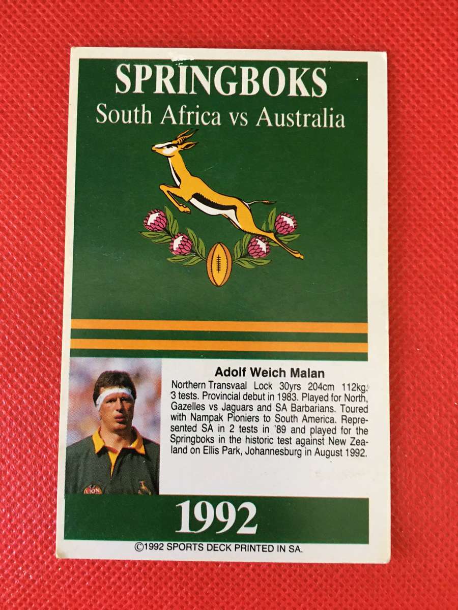 VINTAGE RUGBY TRADING CARD - 1992 SPORTS DECK - SPRINGBOKS  - ADOLF MALAN